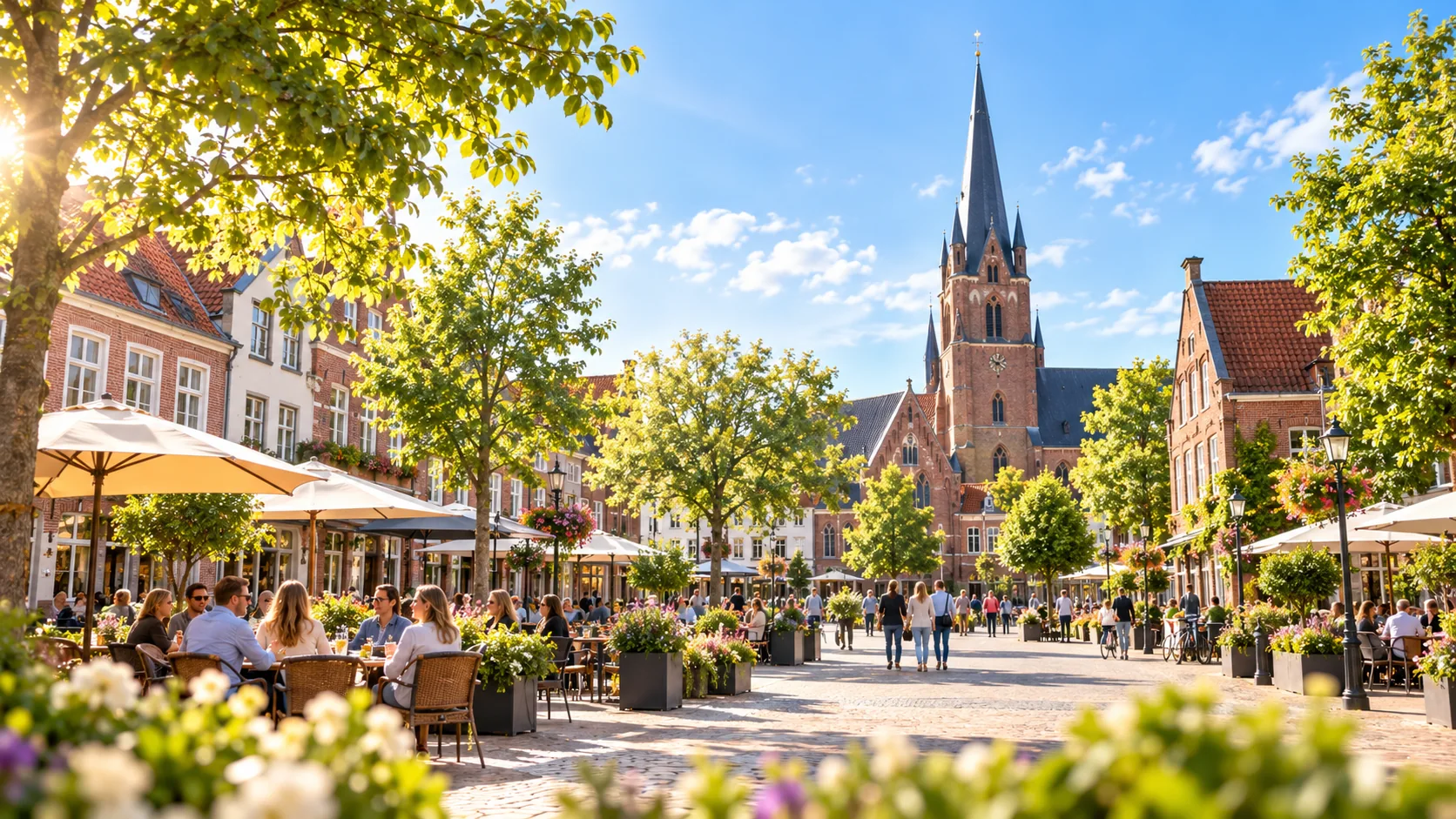 Symbolisches Stadtbild mit Marktplatz und Kirchturm; keine dokumentarische Aufnahme von Cloppenburg